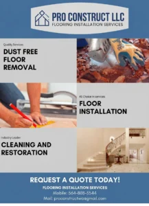 Promotional graphic for Pro Construct LLC highlighting flooring services including dust-free floor removal, floor installation, and cleaning and restoration with contact details for quotes.