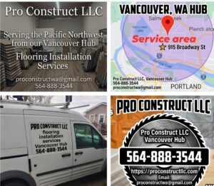 Pro Construct LLC flooring installation services flyer and quote contact details.