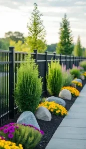 Landscaping around a fence showing composite, chain link, metal, wood, and vinyl options