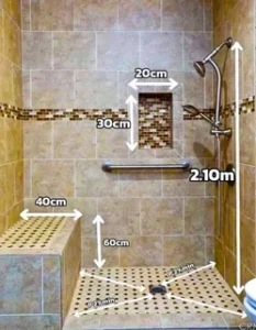 Blueprint view of essential shower sizes and dimensions for a wheelchair-accessible layout