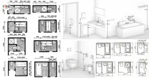 alt="ADA-compliant bathroom sizes and dimensions blueprint showing a wheelchair user, toilet, and sink, with architectural measurements
